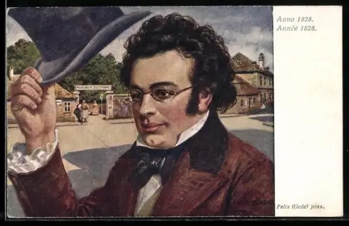 Künstler-AK Franz Schubert mit Hut in Ortschaft, Anno 1828