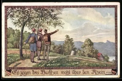 Künstler-AK Ernst Kutzer: Es zogen drei Burschen...!, Burschen auf Wanderschaft