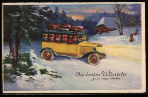 AK Omnibus bei fahrt durch winterlichen Wald