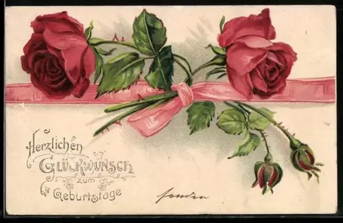 AK Rote Rosen an einer Schleife