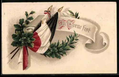 Lithographie In Treue fest, Fahnen, Eichenlaub