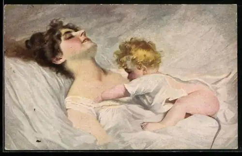 AK Kind weckt seine Mutter aus dem Schlaf, Mutterglück