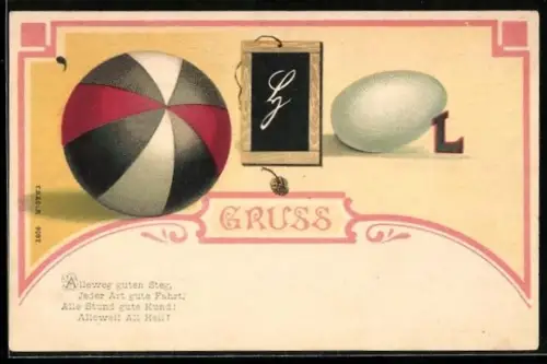 AK Rebus, Bilderrätsel mit Ball, Ei, Tafel