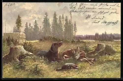 AK Jagdhund neben erlegten Reh und Fasan