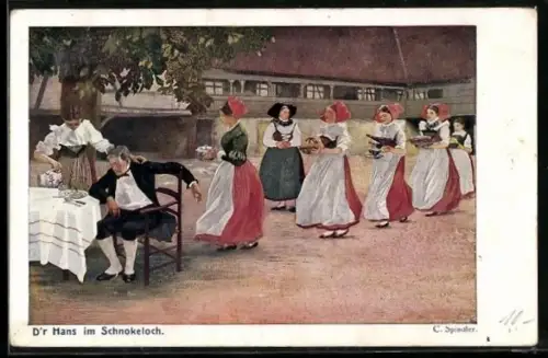 Künstler-AK sign. C. Spindler: junge Mädchen in Tracht bedienen einen Mann am Tisch