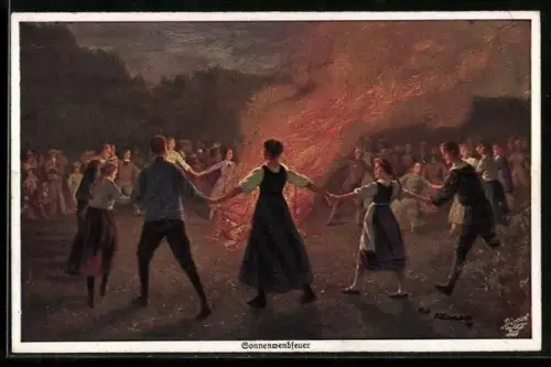 Künstler-AK Robert Kämmerer: Liebespaare schreiten um das Sonnenwendfeuer