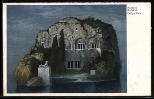 Künstler-AK Hermann Rüdisühli: Heilige Stätte, Burg aus Felsen gehauen, Sphinx