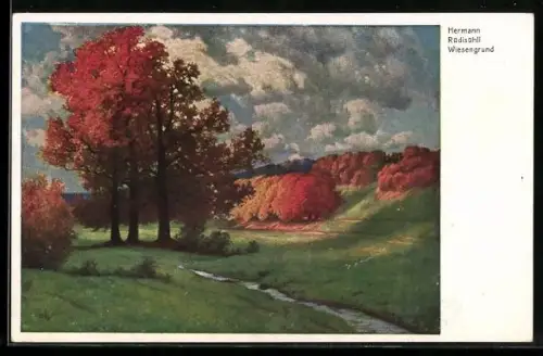 Künstler-AK Hermann Rüdisühli: Partie am Wiesengrund mit herbstlich gefärbten Laubbäumen