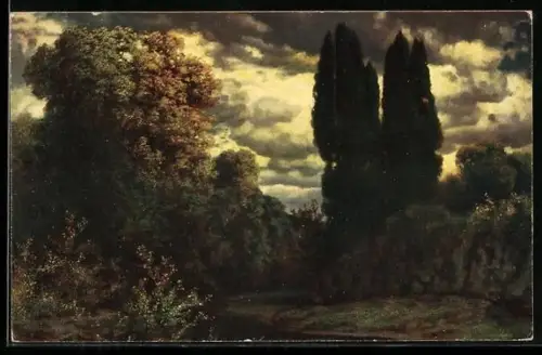 Künstler-AK Hermann Rüdisühli: Dämmerung, Bäume an einer Wiese