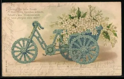 AK Fahrrad aus vielen kleinen Vergissmeinnicht transportiert Blumen
