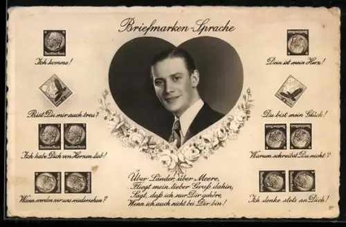 AK Briefmarkensprache, Ich komme!, Dein ist mein Herz, Du bist mein Glück!, Mann im Herz