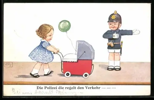 Künstler-AK John Wills: Mädchen schiebt einen Puppenwagen an einem Kinder-Polizisten vorbei
