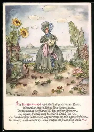 Künstler-AK Sternzeichen Jungfrau, Maid im grünen Kleid