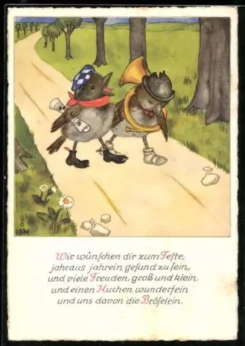 Künstler-AK Zwei Spatzen-Strassensänger laufen durch den Wald