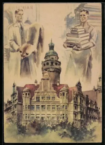 Künstler-AK Leipzig, Erste Leipziger Friedensmesse, Gebäudeansicht, Männer mit Büchern und Fuchspelz