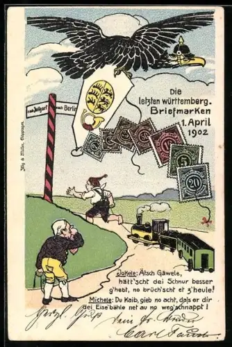 AK die letzten württemberg. Briefmarken 1.4.1902, Michel weint, Jokele zieht eine Eisenbahn, Adler mit Pickelhaube