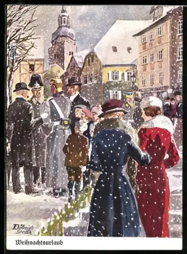 Künstler-AK Döbrich-Steglitz: Soldaten auf Weihnachtsurlaub in einer verschneiten Ortschaft