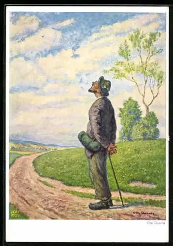 Künstler-AK sign. Otto Quante: Wanderer horcht einer singenden Lerche