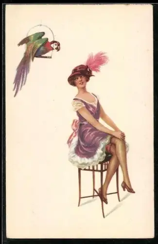 AK Schönheit in Strapsen betrachtet ihren Papagei, Erotik