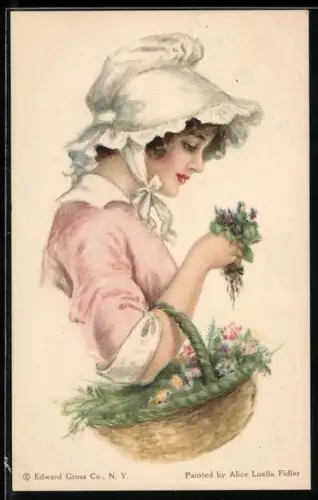Künstler-AK Alice Luella Fidler: junge Frau mit einer weissen Haube und einem Korb voller Blumen