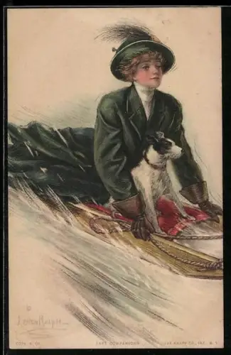 Künstler-AK Lester Ralph: Dame fährt mit Hund auf einem Schlitten