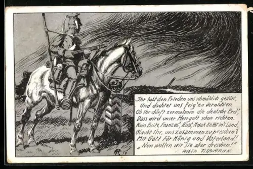 Künstler-AK Ulan zu Pferde hält Wache am Grenzpfahl