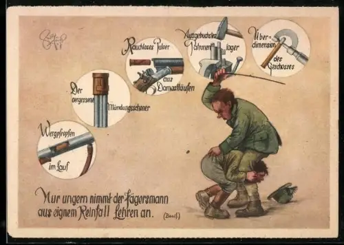 Künstler-AK sign.: Geilfus: Lustige Jägerfibel in Bildern, Jäger verprügelt seinen Sohn, Der vergessene Mündungsschoner