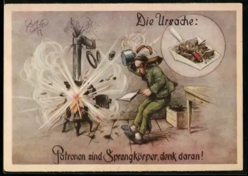 Künstler-AK Heinz Geilfus: Jäger kam beim Kehren versehentlich eine Patrone in den Ofen, dieser explodiert dann