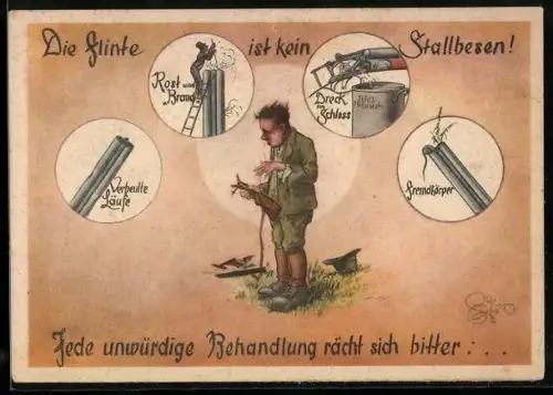 Künstler-AK Heinz Geilfus: die Flinte ist kein Stallbesen!, Schütze mit kaputtem Gewehr, Jagd