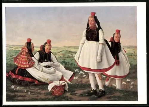 Künstler-AK Schwälmerinnen in hessischer Tracht auf einer Wiese
