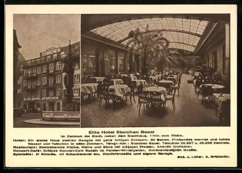 AK Basel, Elite Hotel Storchen, Restaurant mit Palmen, Innenansicht