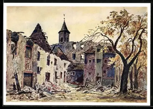 Künstler-AK Hornbach, Zertrümmerte Ortspartie nach einem Aquarell von Karl Graf
