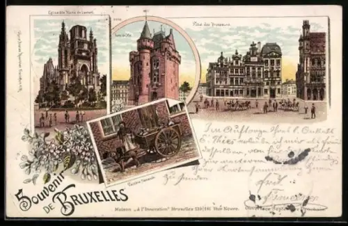 Lithographie Brüssel / Bruxelles, Eglise Ste. Marie de Laeken, Hotel des Brasseurs, Porte de Hal