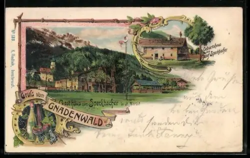 Lithographie St. Martin /Gnadenwald, Gasthaus zum Speckbacher, Geburtshaus Josef Speckbacher, Wein-Stilleben