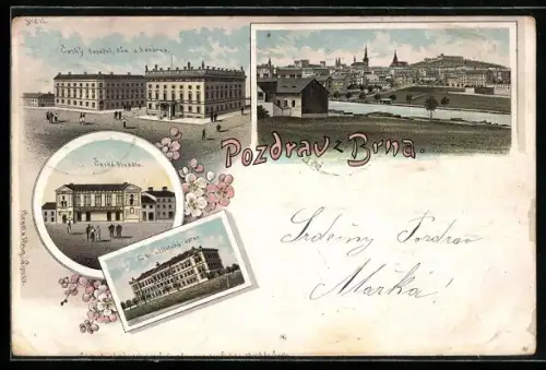 Lithographie Brünn / Brno, Cesky besedni dum a kavarna, Ceske divadlo, C. Kr. Ucitelsky ustav