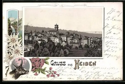 Lithographie Heiden, Teilansicht u. Steinbock