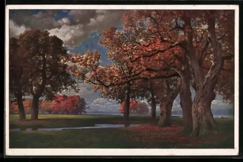 Künstler-AK Hermann Rüdisühli: Deutscher Herbst, Landschaftspanorama mit Bach und Bäumen