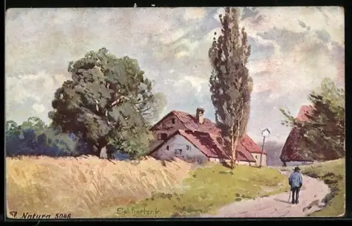 Künstler-AK Splitgerber: Wanderer auf den Weg in ein Dorf