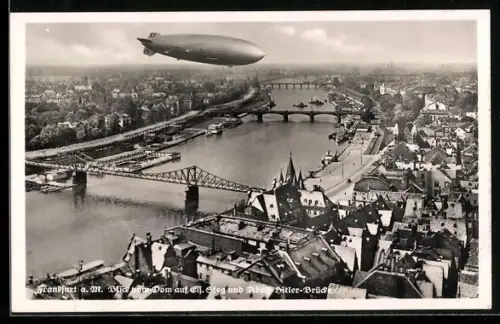 AK Frankfurt a. M., Zeppelin über der Brücke