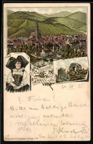 Vorläufer-Lithographie Thann en Als., 1895, Umgestürzter Burgturm, Elsässerin in Tracht