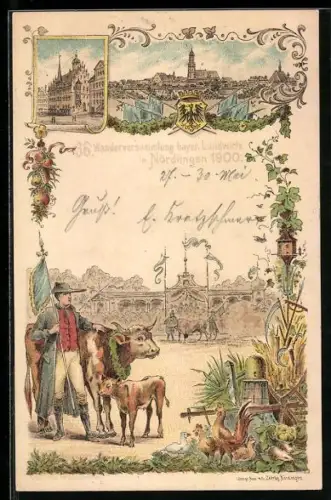 Lithographie Nördlingen, 36. Wanderversammlung bayerischer Landwirte 1900, mit Farmtieren, Ganzsache Bayern
