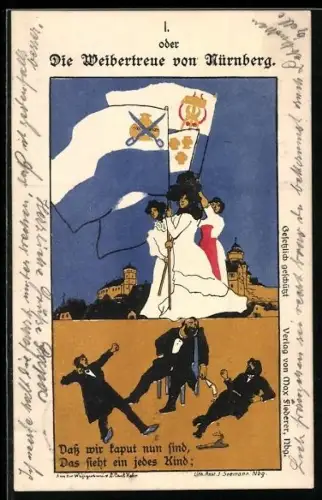 Künstler-AK Nürnberg, Die Weibertreue, Drei Herren und drei Frauen mit Fahnen, Emanzipation