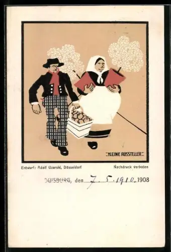 AK Duisburg, Gartenbau-Ausstellung 1908, Mann in Zunftjacke und Bäuerin mit Töpfen