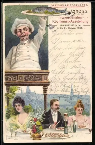 AK Frankfurt a. M., Internationale Kochkunst-Ausstellung Oktober 1900, Mit Koch und eleganten Gästen