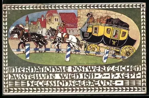Künstler-AK sign. Erwin Puchinger: Internationale Postwertzeichen Ausstellung 1911, Postkutsche