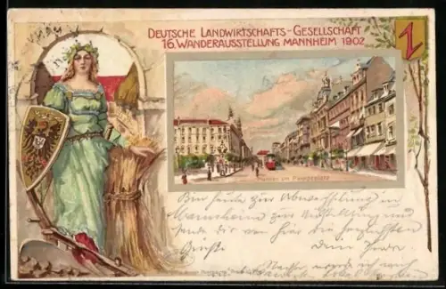 Lithographie Mannheim, 16. Wanderausstellung der Deutschen Landwirtschafts-Gesellschaft 1902, Planken am Paradeplatz