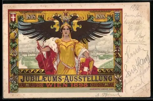 Lithographie Wien, Jubiläums-Ausstellung 1898, Ortsansichten, Germania mit Wappenschild, Jugendstil