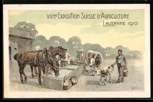 Künstler-AK Lausanne, VIII. Exposition Suisse d`Agriculture 1910, Vieh am Brunnen