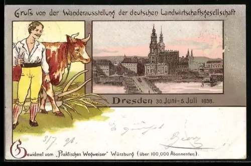 Lithographie Dresden, Wanderausstellung der deutschen Landwirtschaftsgesellschaft 1898, Kath. Hofkirche
