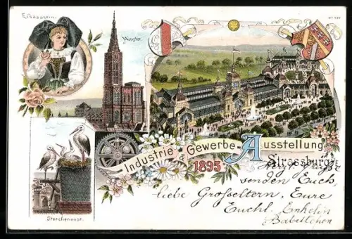 Lithographie Strassburg i. E., Industrie- & Gewerbe-Ausstellugn, Elsässerin in Tracht, Messegelände